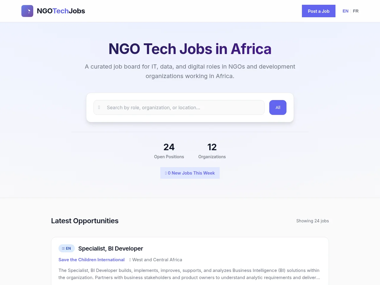 NGO Tech Jobs job board platform screenshot showing job search interface