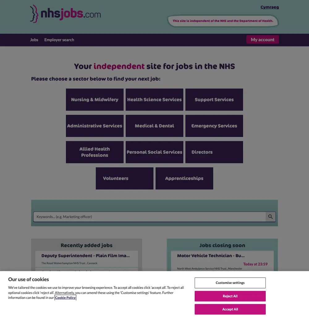 NHSJobs.com job board platform screenshot showing job search interface