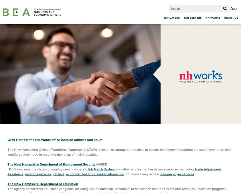NH Works job board platform screenshot showing job search interface