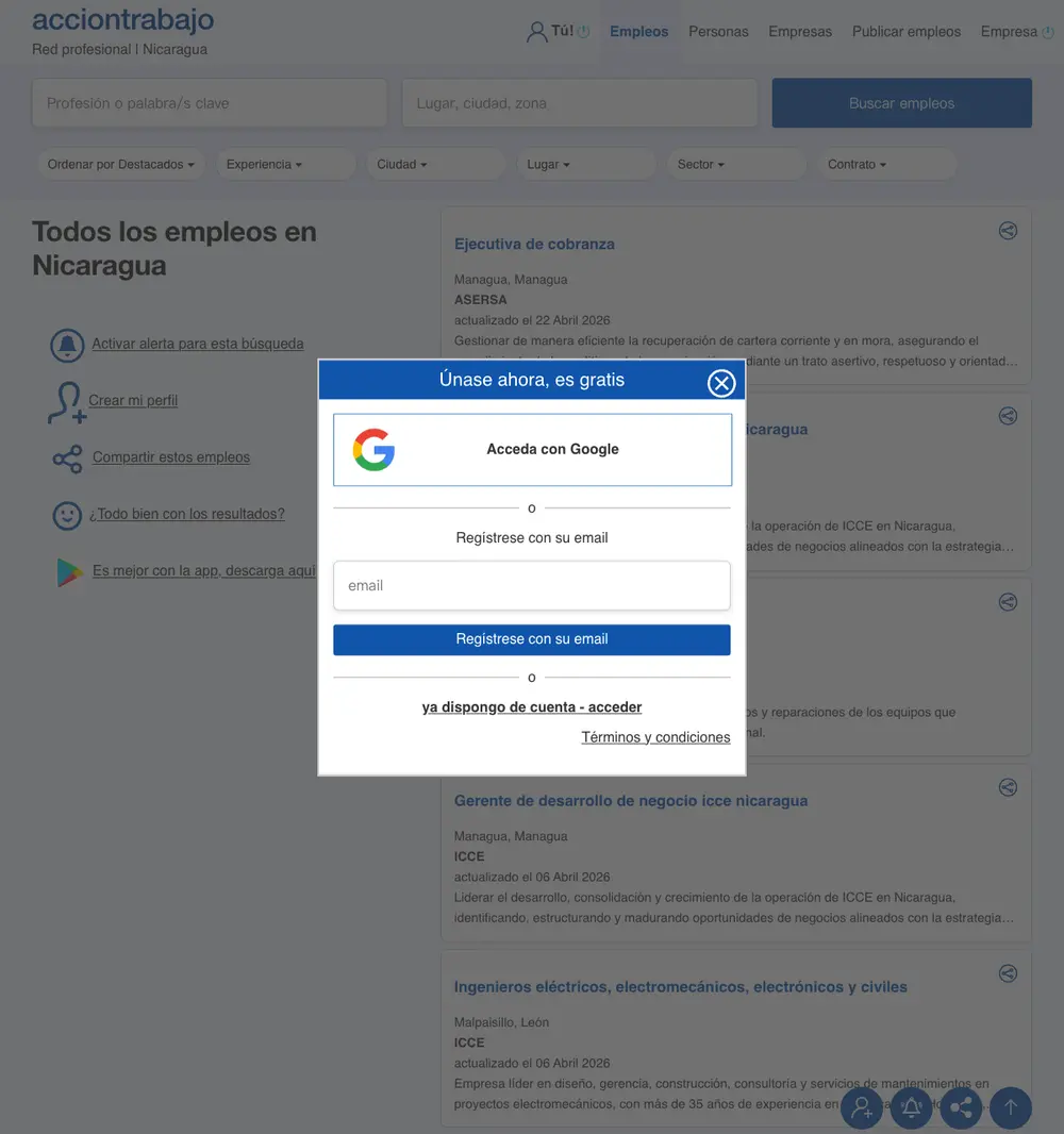 Acciontrabajo Nicaragua job board platform screenshot showing job search interface