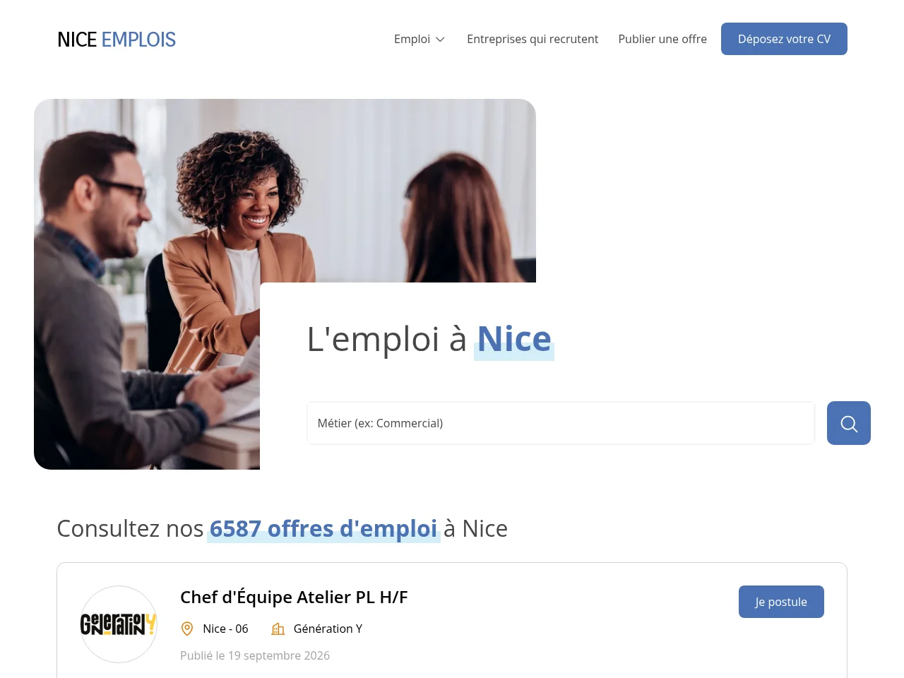 Nice Emplois job board platform screenshot showing job search interface