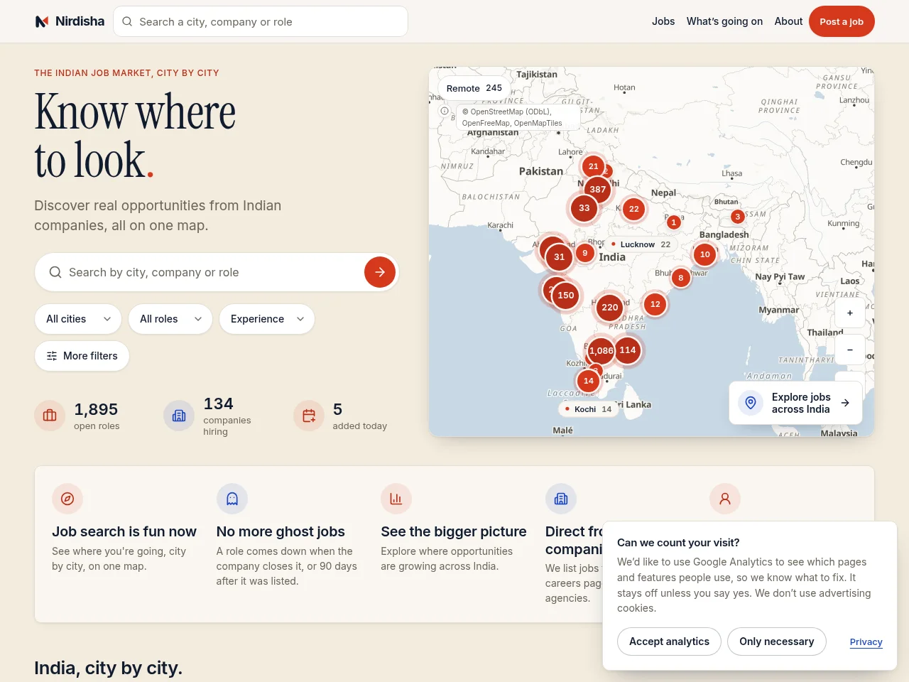 Nirdisha job board platform screenshot showing job search interface