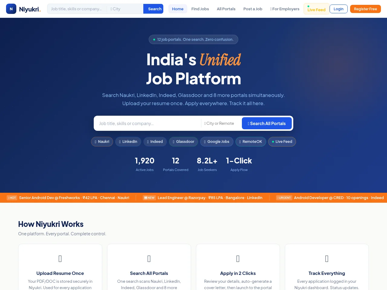 Niyukri job board platform screenshot showing job search interface