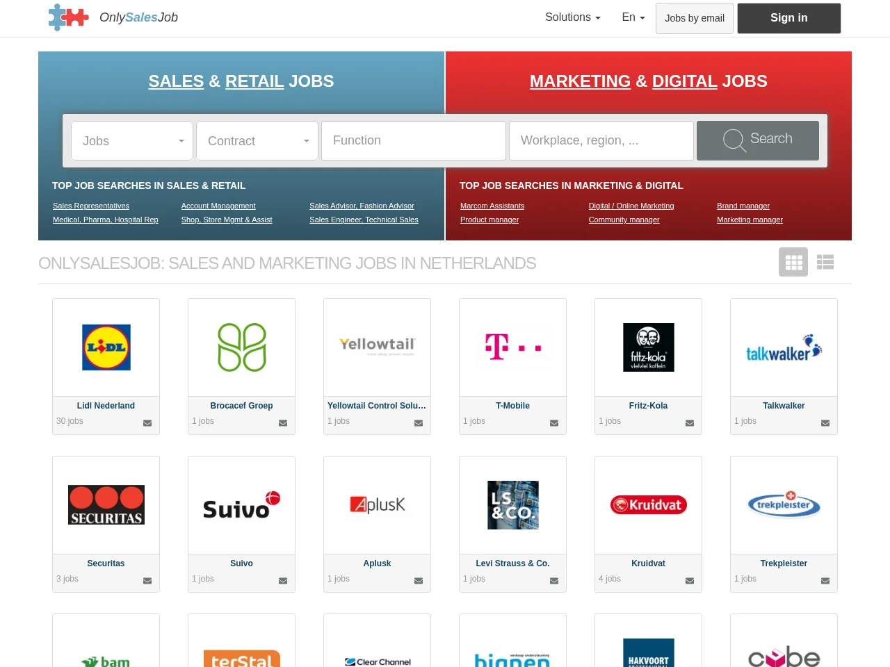 OnlySalesJob job board platform screenshot showing job search interface