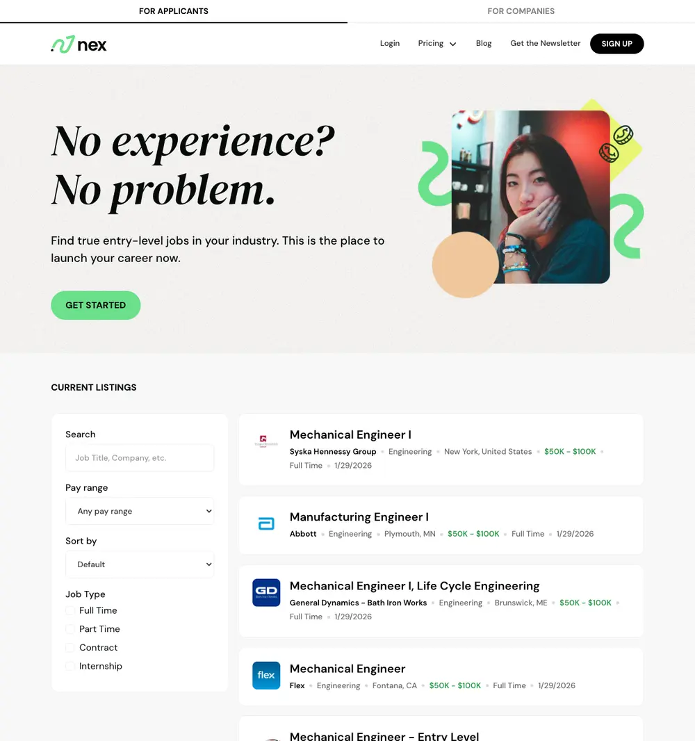 No Experience Jobs job board platform screenshot showing job search interface