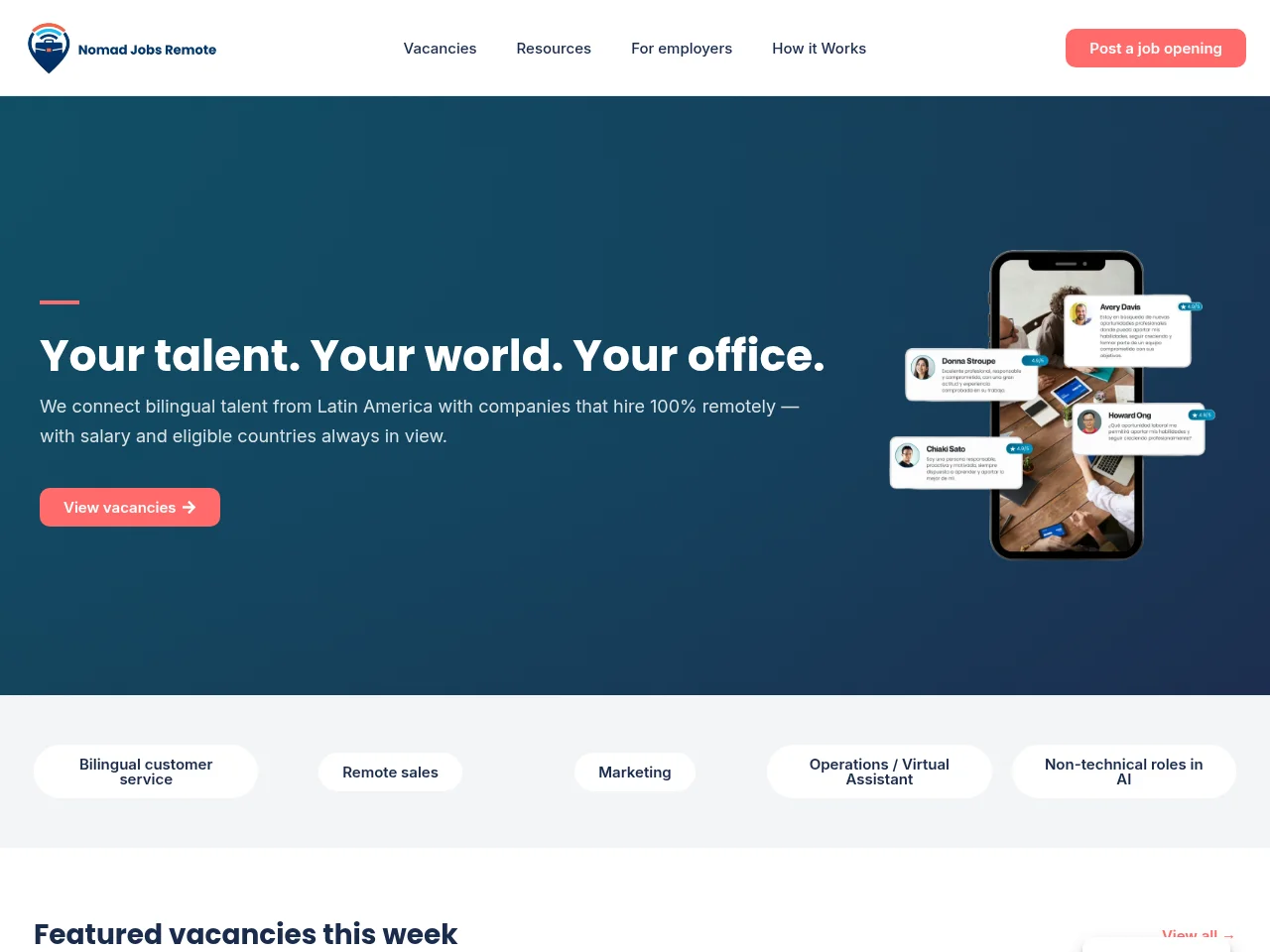 Nomad Jobs Remote job board platform screenshot showing job search interface