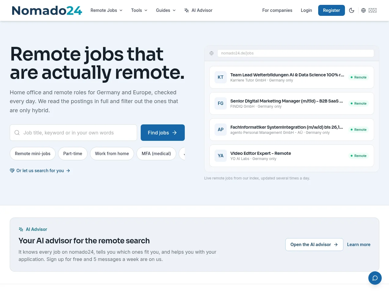 Nomado24 job board platform screenshot showing job search interface