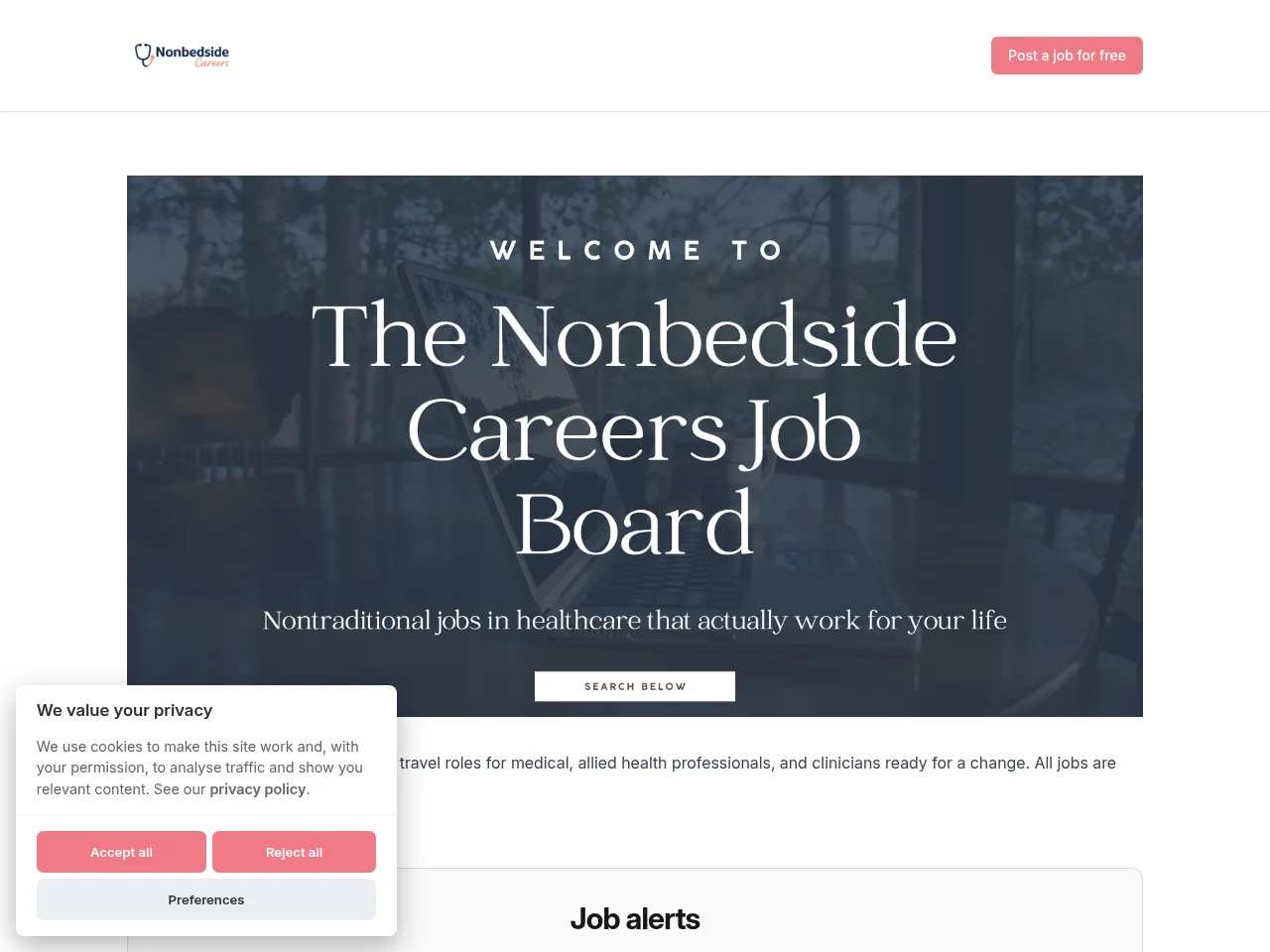 Nonbedside Careers job board platform screenshot showing job search interface