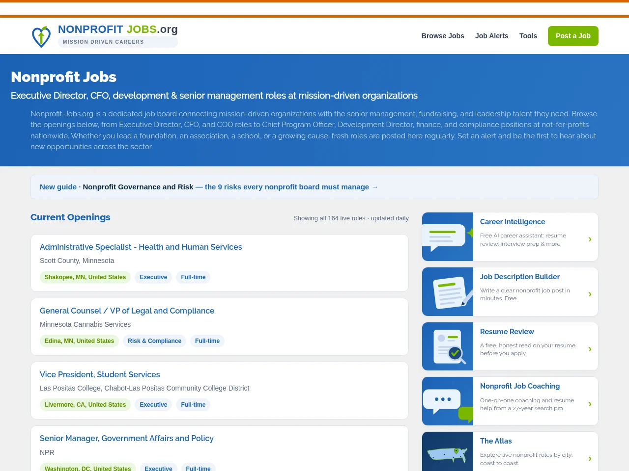 Nonprofit Jobs job board platform screenshot showing job search interface