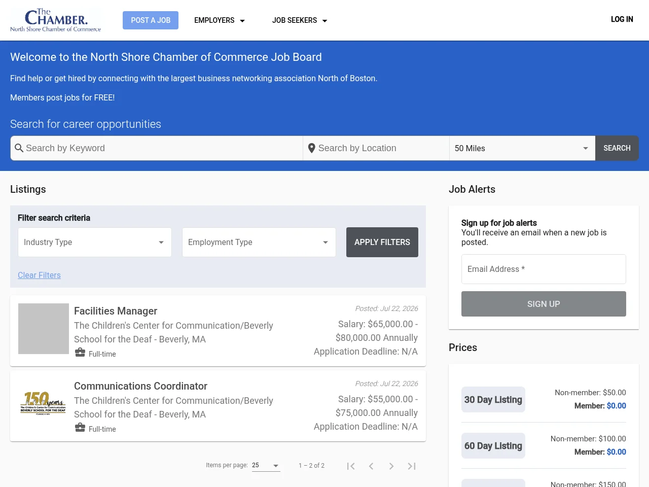 North Shore Chamber of Commerce job board platform screenshot showing job search interface
