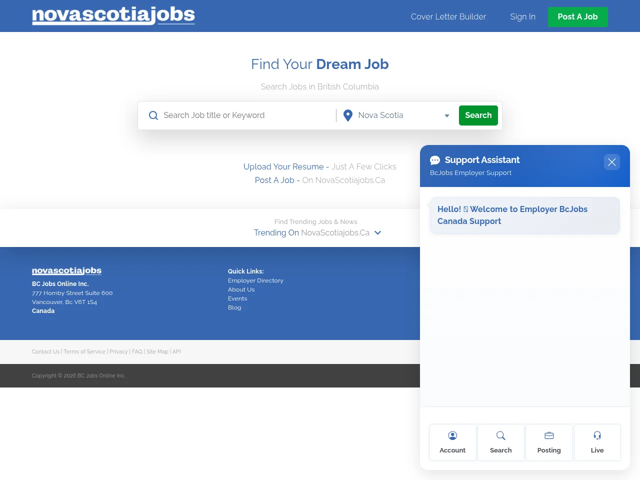 NovaScotiajobs.ca job board platform screenshot showing job search interface