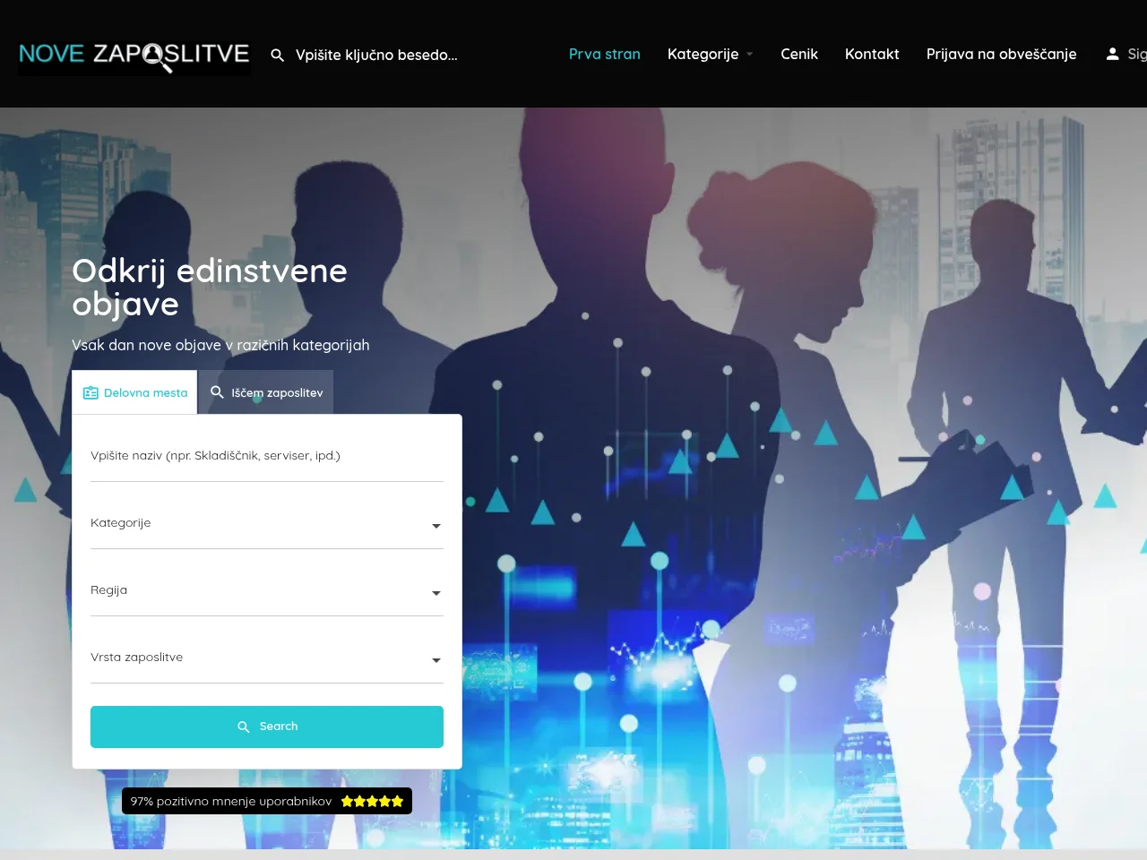Nove zaposlitve job board platform screenshot showing job search interface