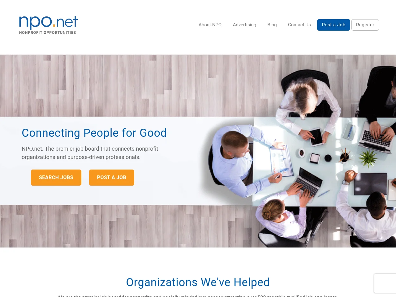 NPO.net job board platform screenshot showing job search interface