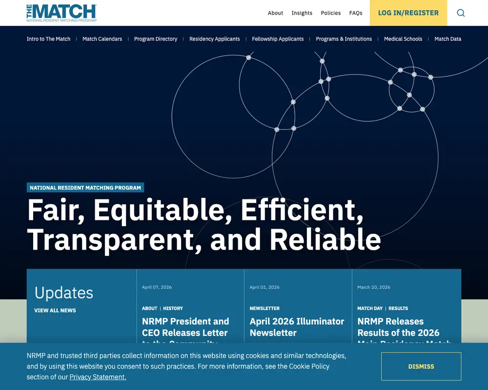 National Resident Matching Program job board platform screenshot showing job search interface