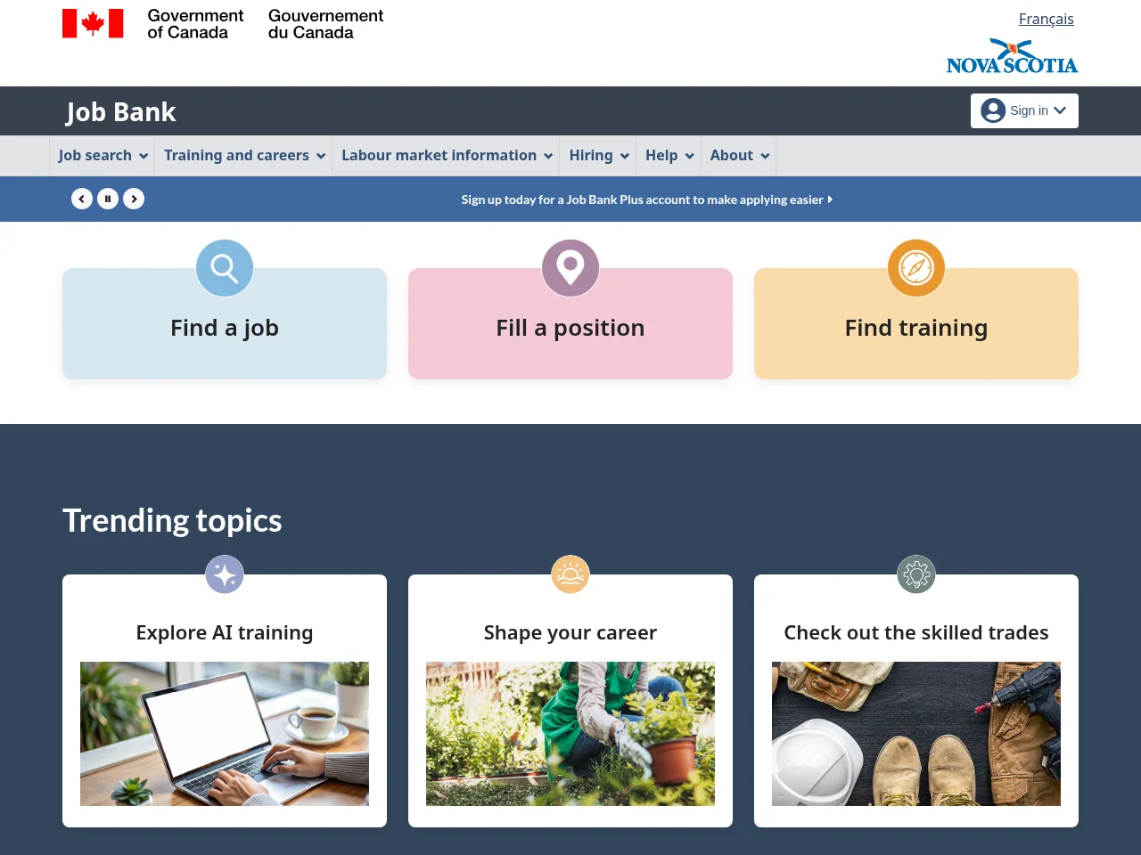 Job Bank job board platform screenshot showing job search interface