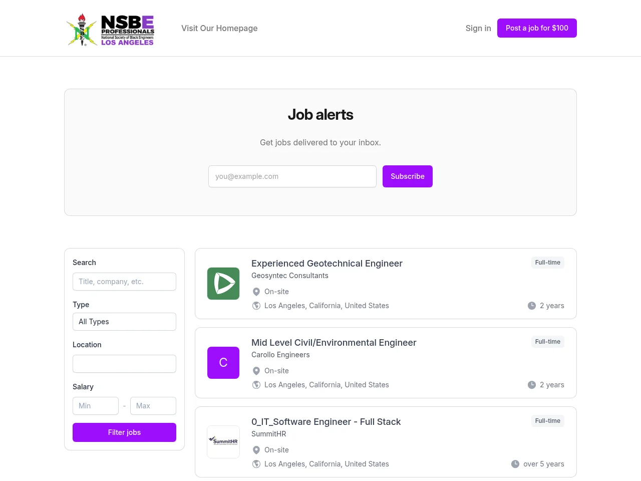 NSBE Los Angeles Job Board job board platform screenshot showing job search interface
