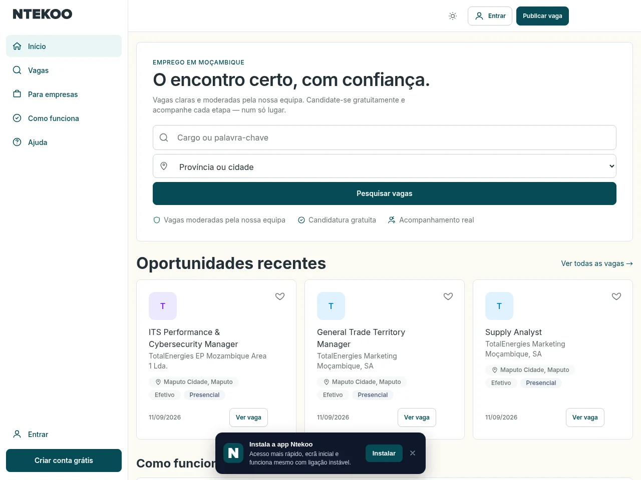 Ntekoo screenshot Ntekoo job board platform screenshot showing job search interface