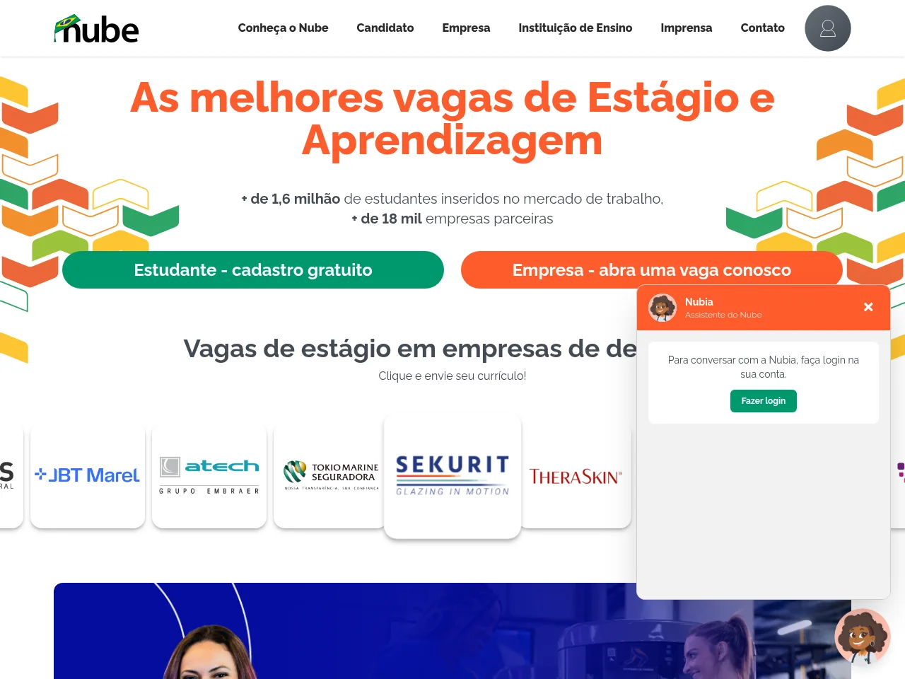Nube - Núcleo Brasileiro de Estágios job board platform screenshot showing job search interface