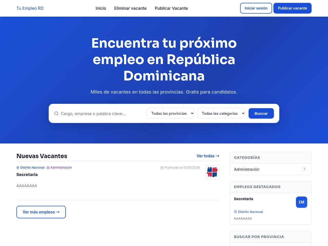Tu Empleo RD job board platform screenshot showing job search interface