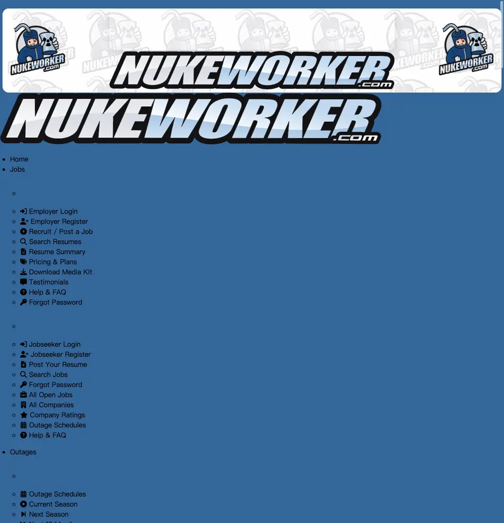 NukeWorker.com job board platform screenshot showing job search interface