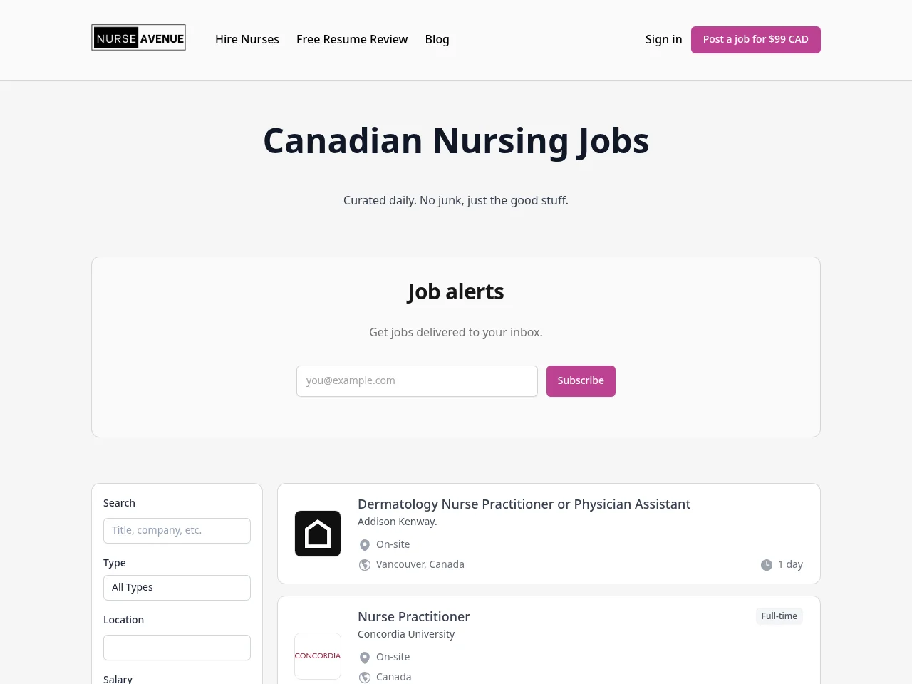 Nurse Avenue job board platform screenshot showing job search interface