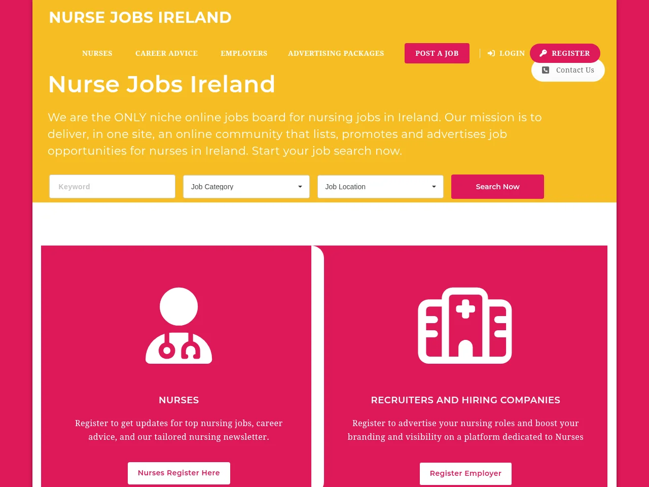 Nurse Jobs Ireland job board platform screenshot showing job search interface