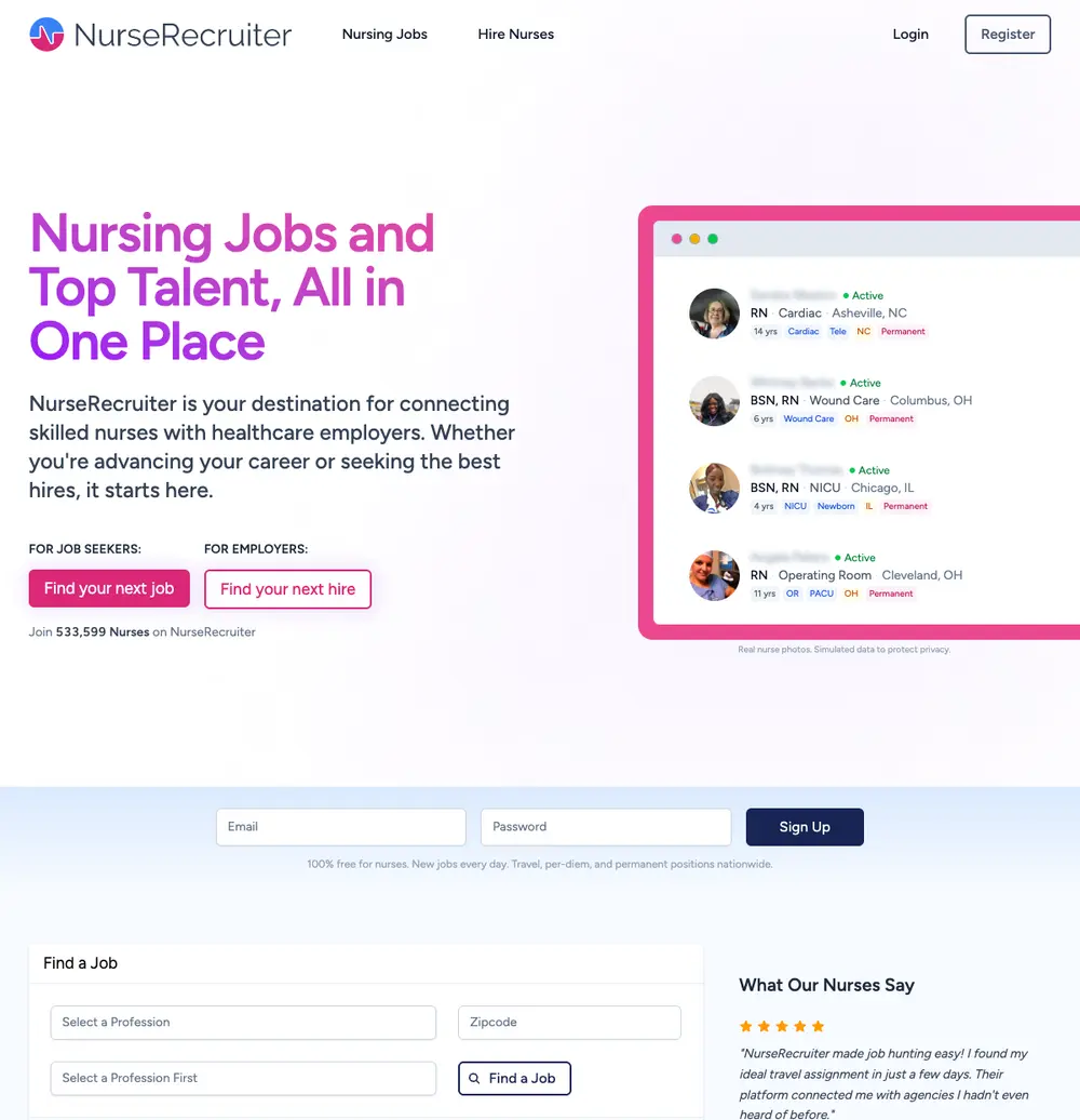 NurseRecruiter.com job board platform screenshot showing job search interface