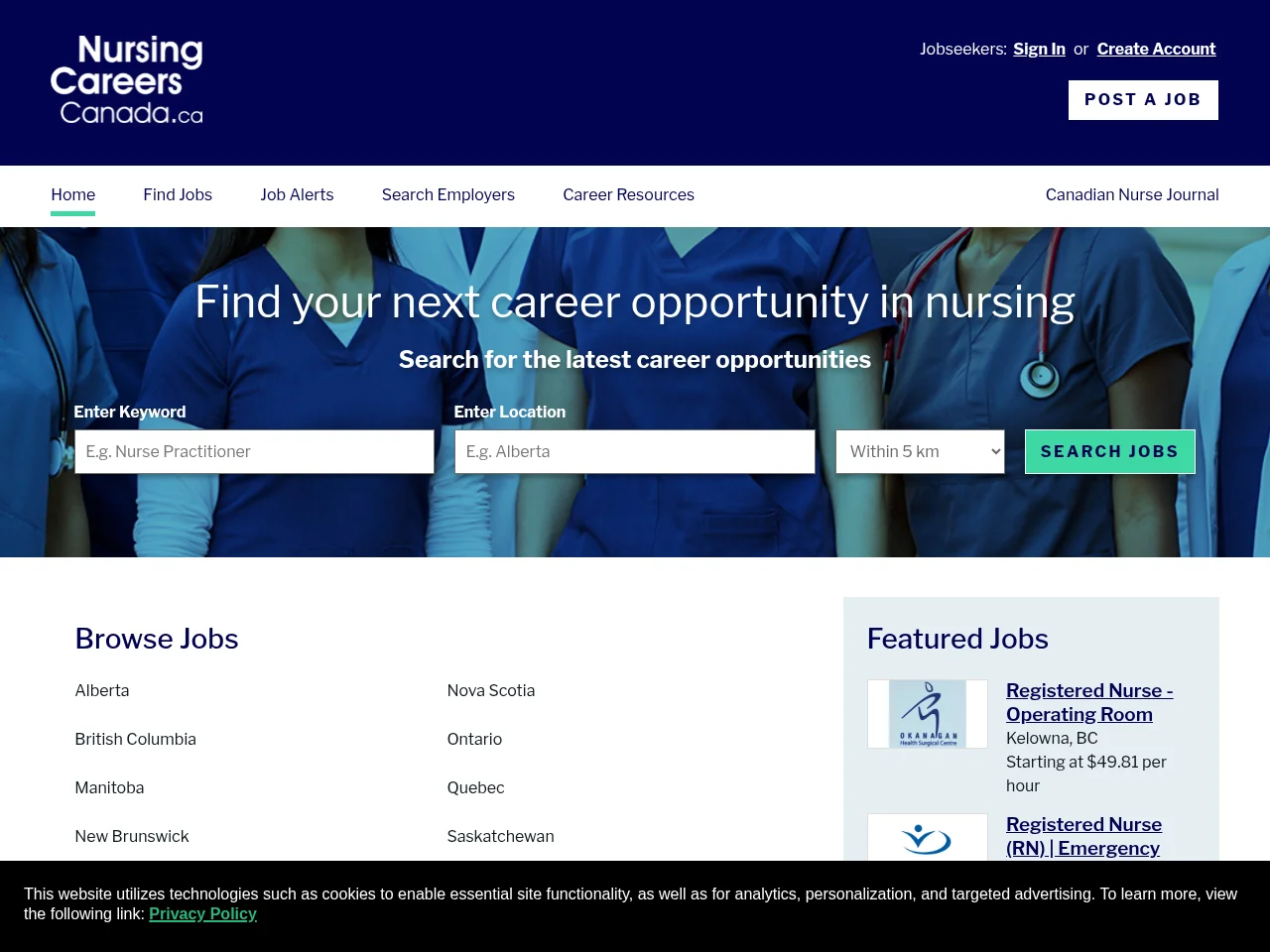 Nursing Careers Canada screenshot Nursing Careers Canada job board platform screenshot showing job search interface