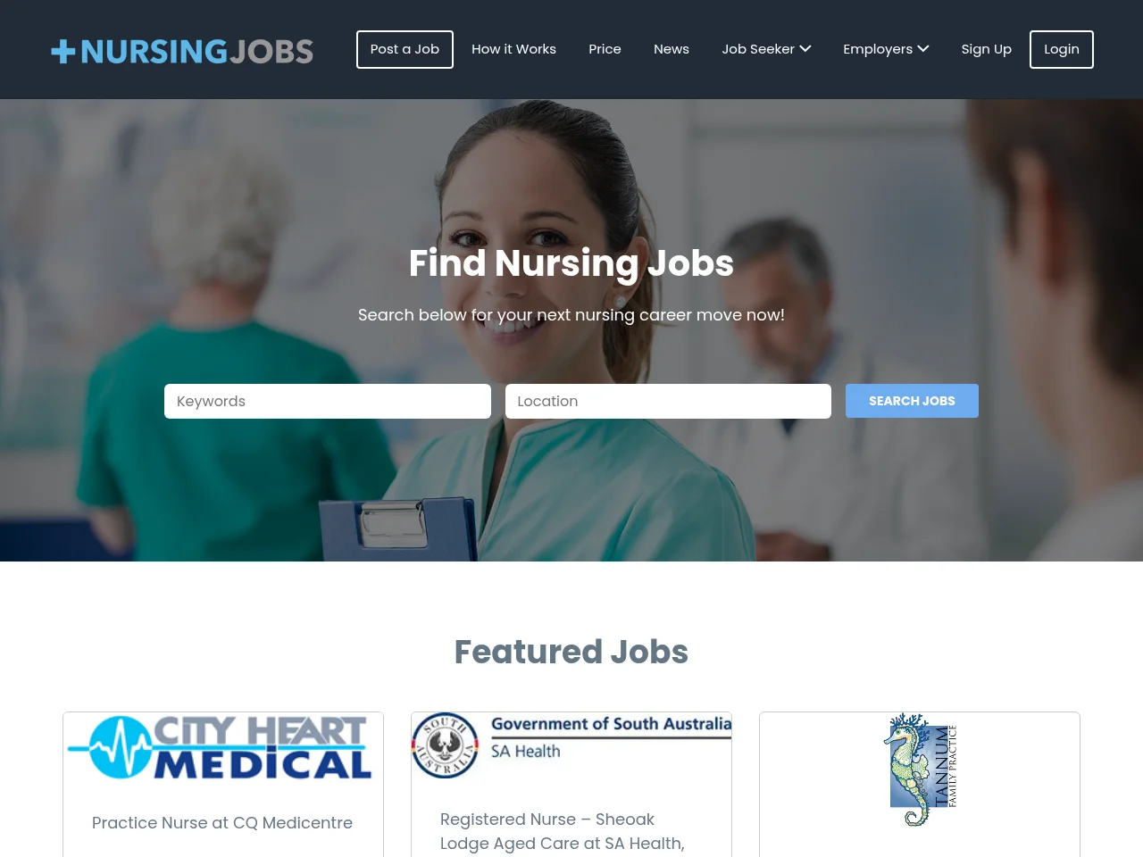 Nursing Jobs Australia and New Zealand job board platform screenshot showing job search interface