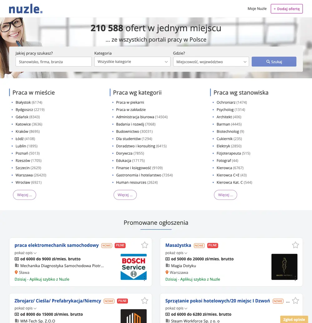 Nuzle.pl job board platform screenshot showing job search interface