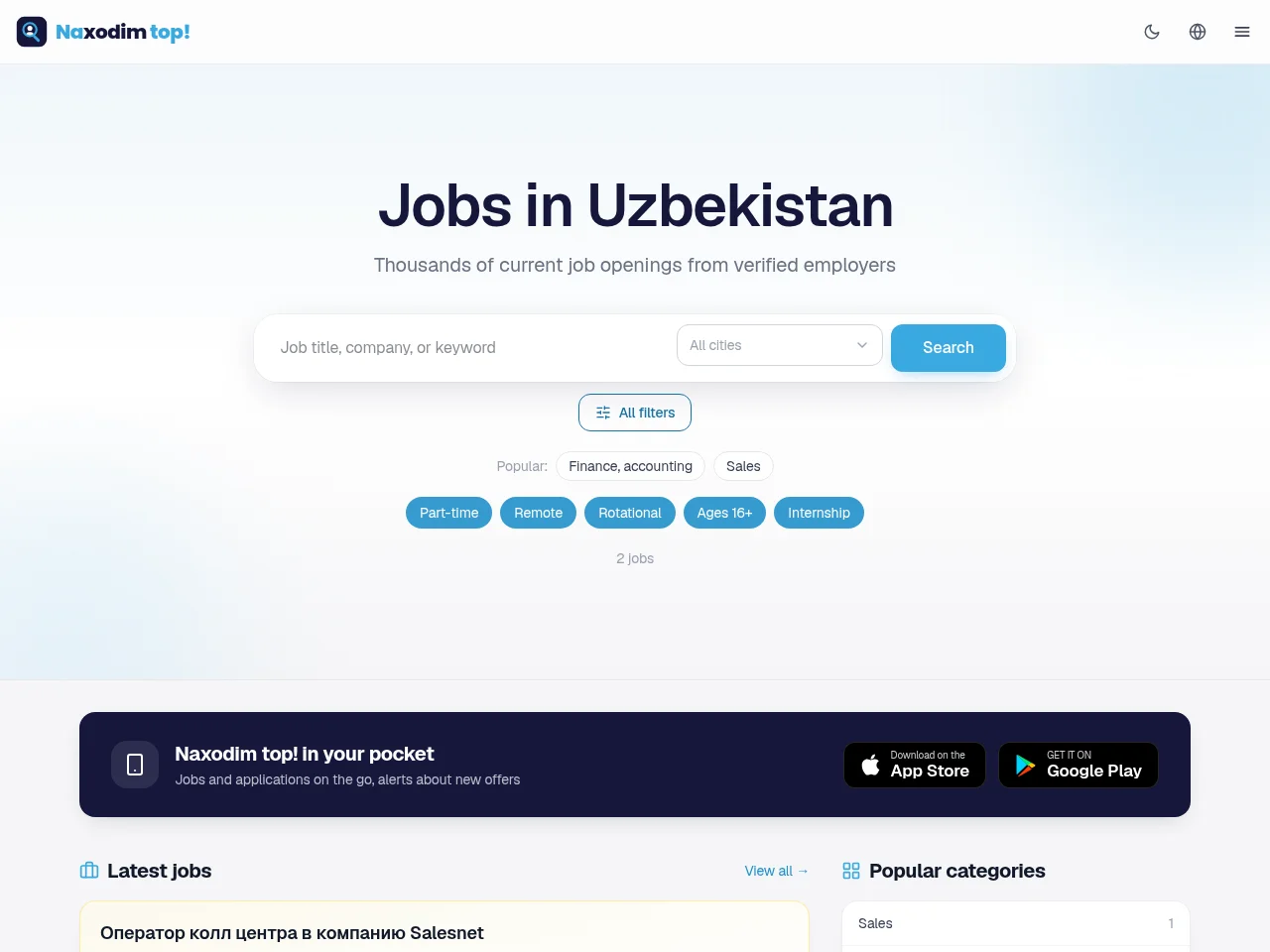 Naxodim top! screenshot Naxodim top! job board platform screenshot showing job search interface
