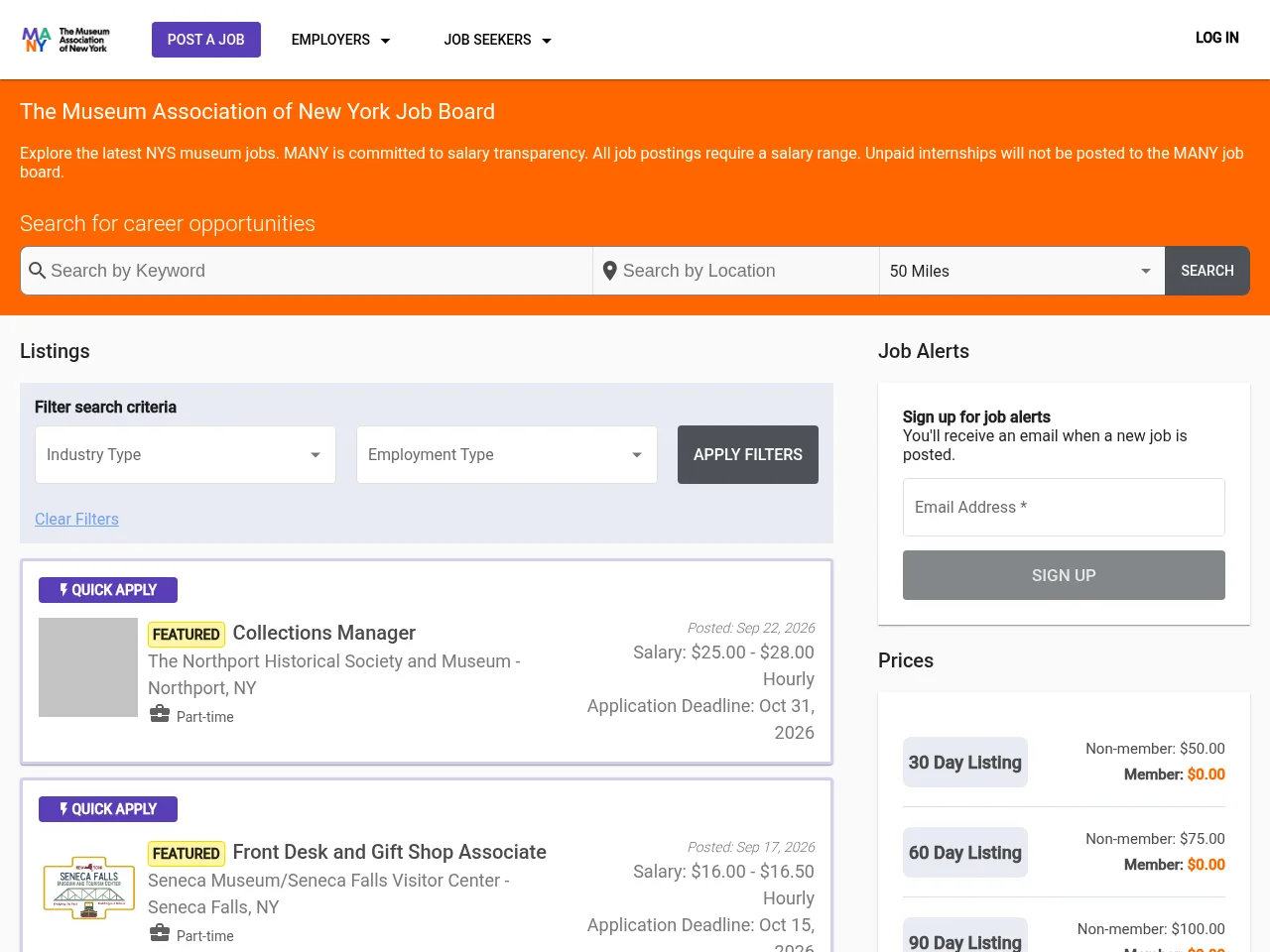 The Museum Association of New York Job Board job board platform screenshot showing job search interface