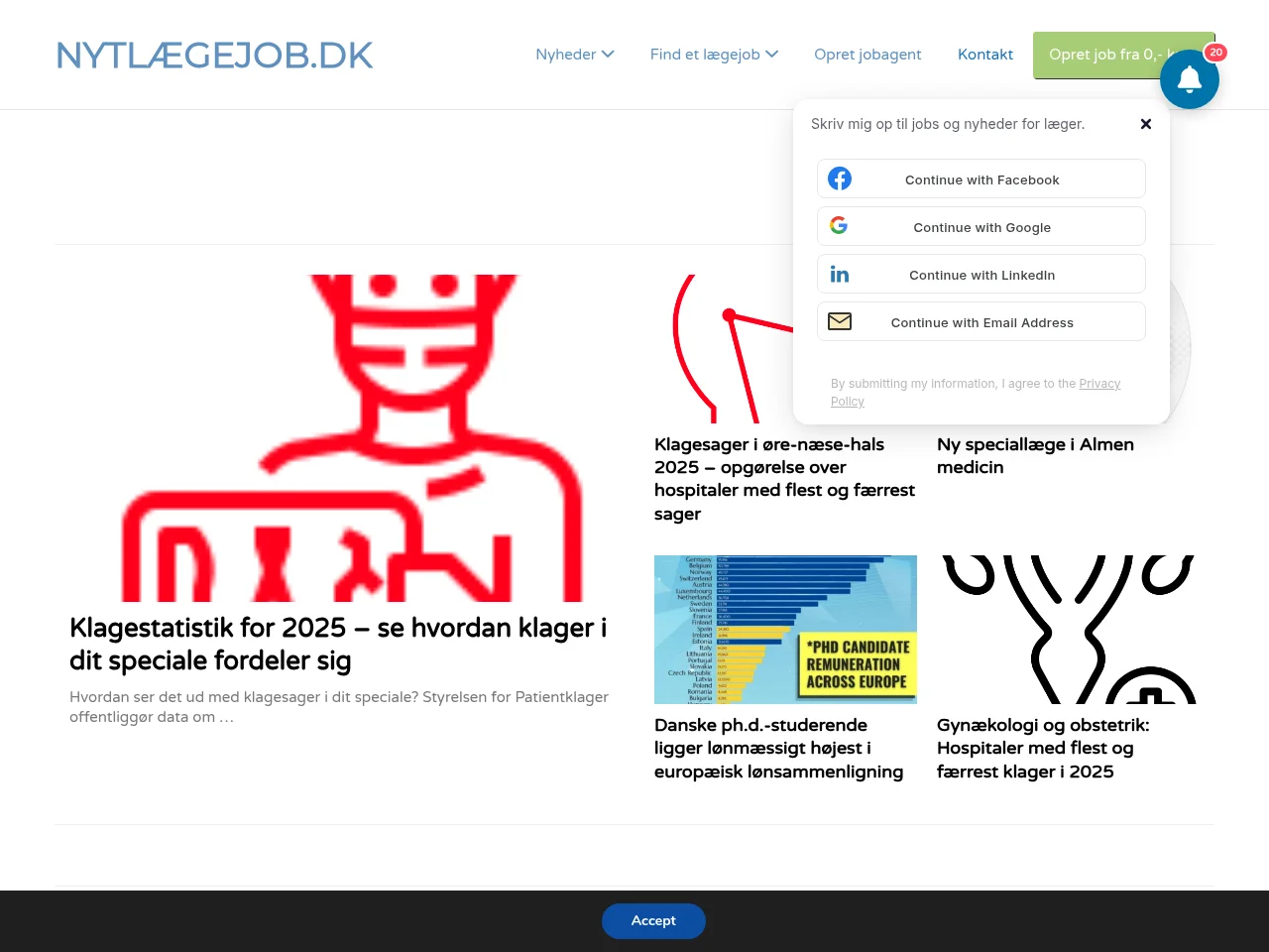 nytlægejob.dk job board platform screenshot showing job search interface