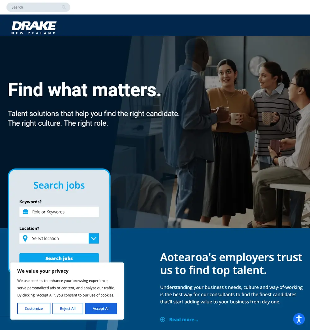 Drake New Zealand job board platform screenshot showing job search interface