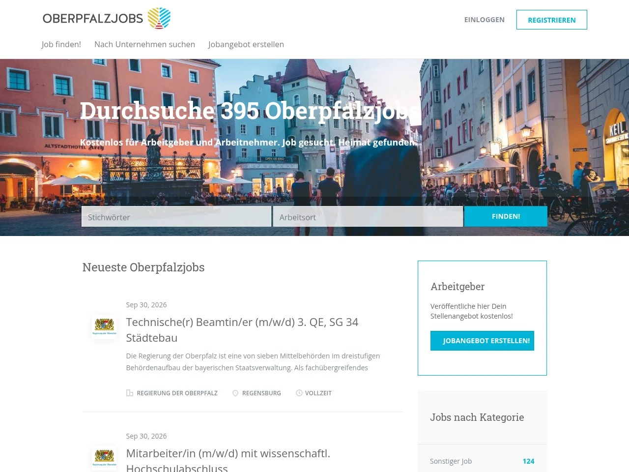 OberpfalzJobs job board platform screenshot showing job search interface