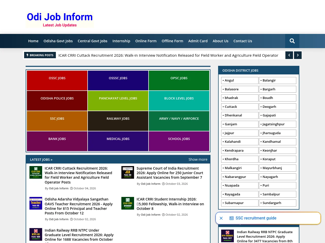 Odi Job Inform job board platform screenshot showing job search interface