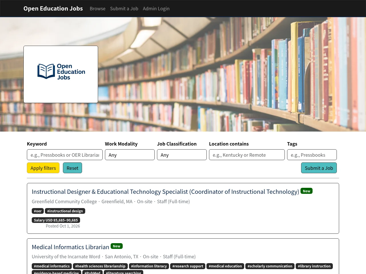 Open Education Jobs screenshot Open Education Jobs job board platform screenshot showing job search interface