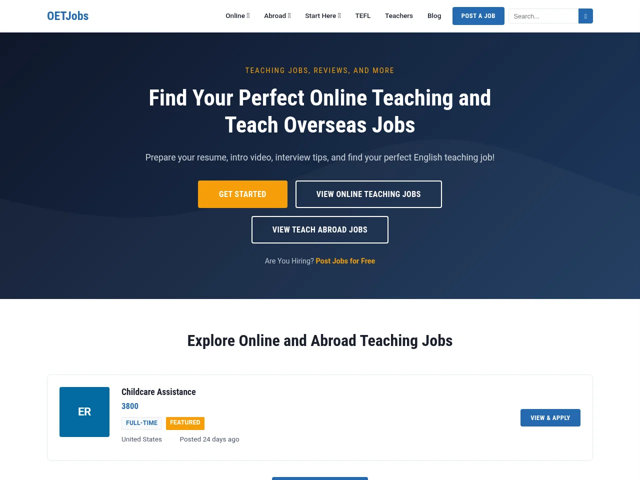 OETJobs job board platform screenshot showing job search interface