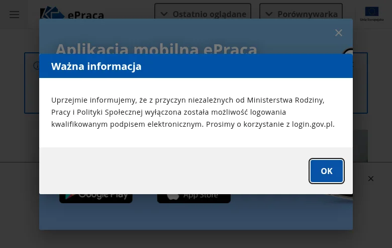 ePraca job board platform screenshot showing job search interface