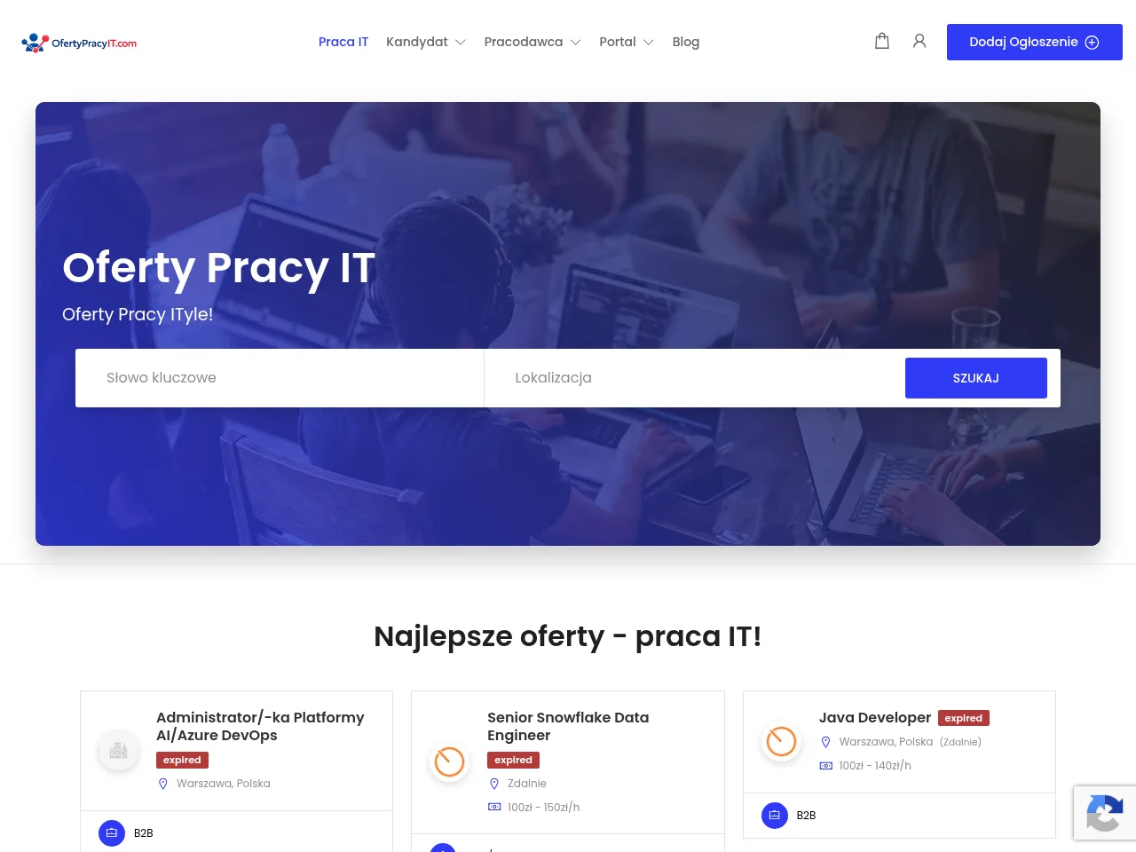 OfertyPracyIT.com job board platform screenshot showing job search interface