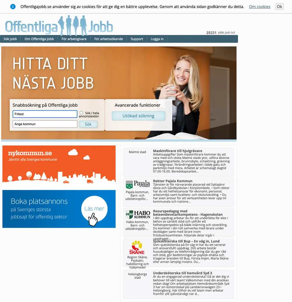 Offentliga Jobb job board platform screenshot showing job search interface