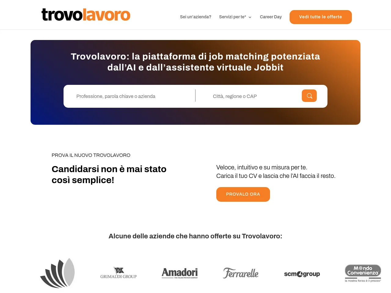 Trovolavoro job board platform screenshot showing job search interface