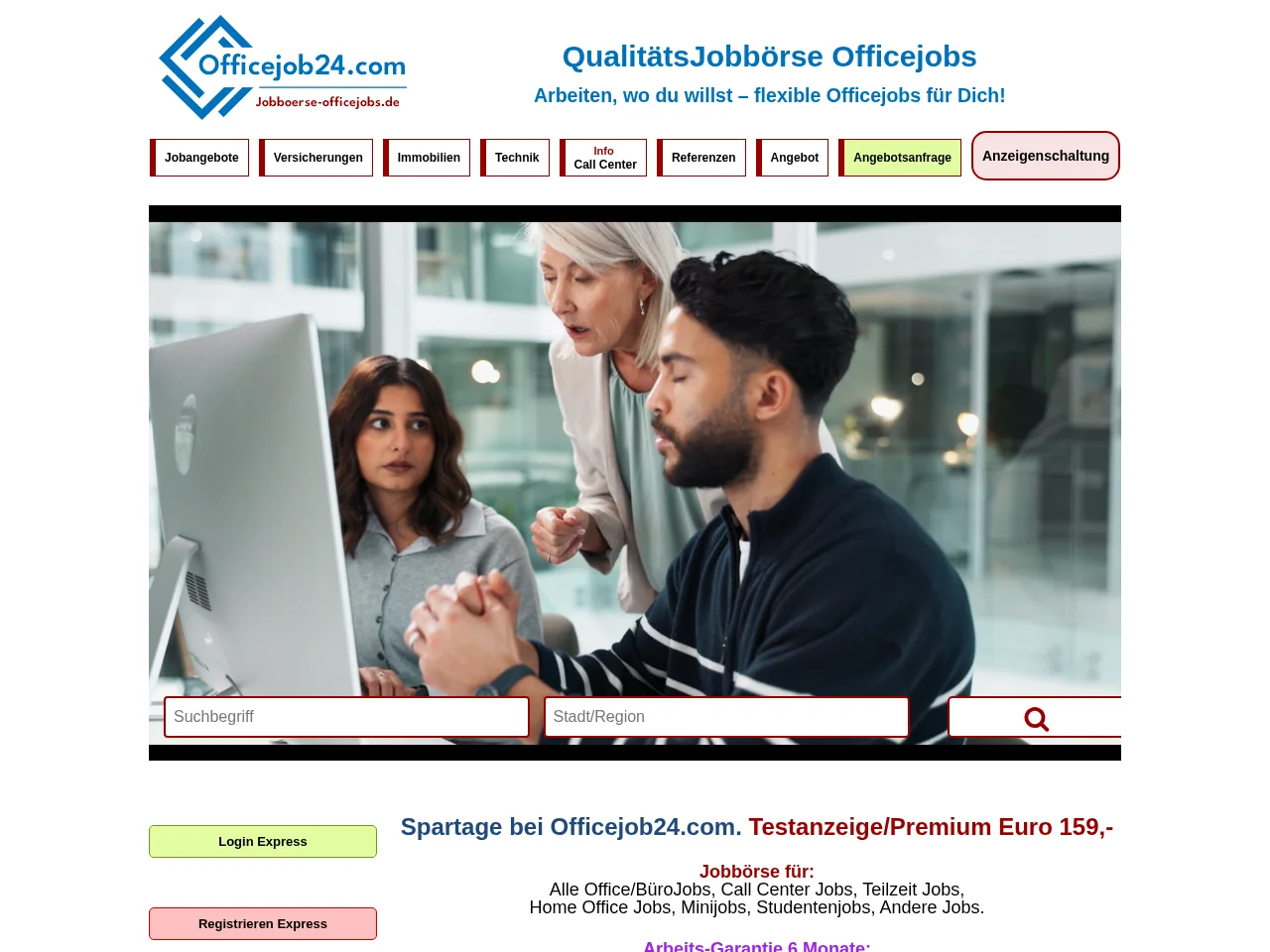 Officejob24.com job board platform screenshot showing job search interface