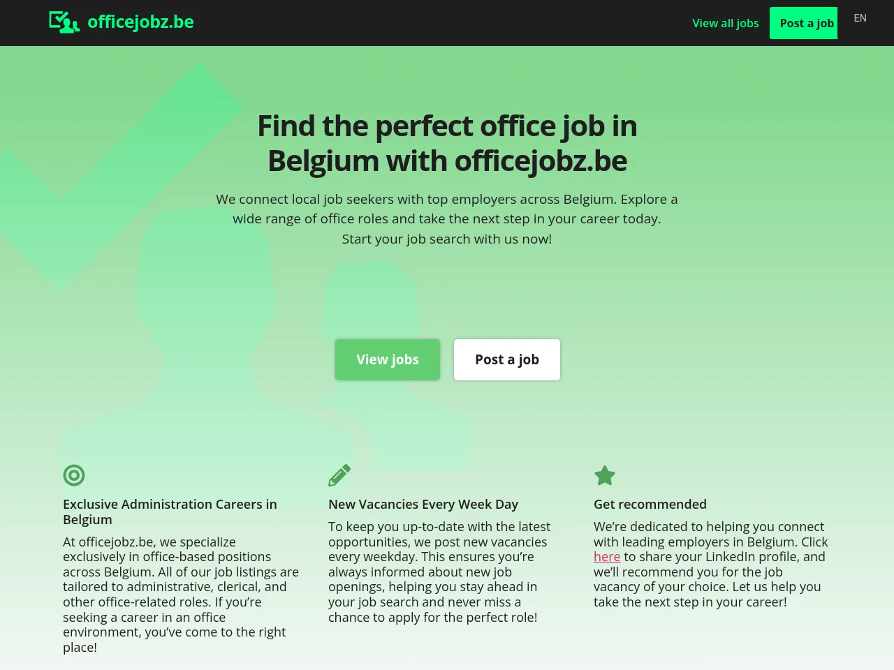 Officejobz.be job board platform screenshot showing job search interface