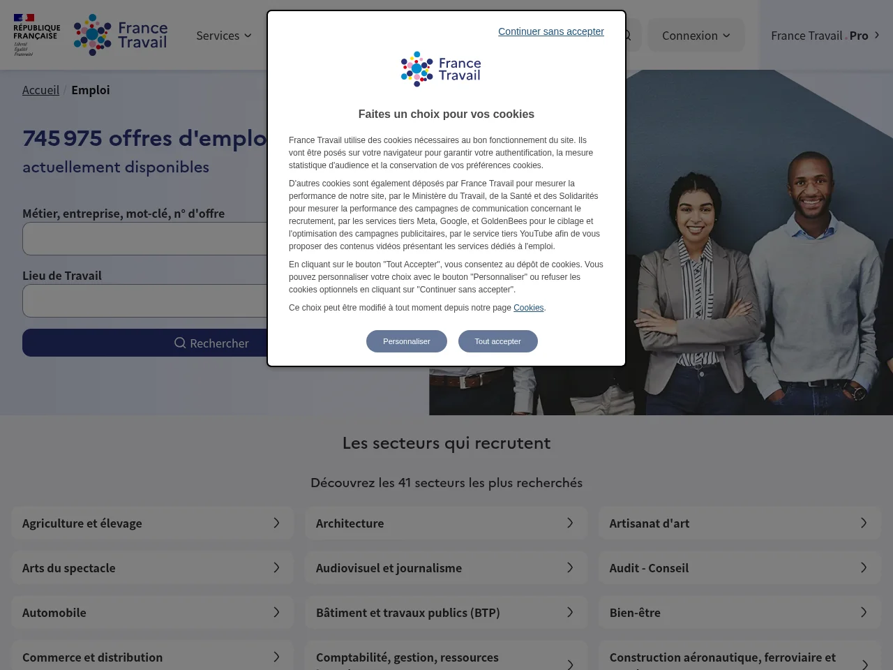 France Travail job board platform screenshot showing job search interface