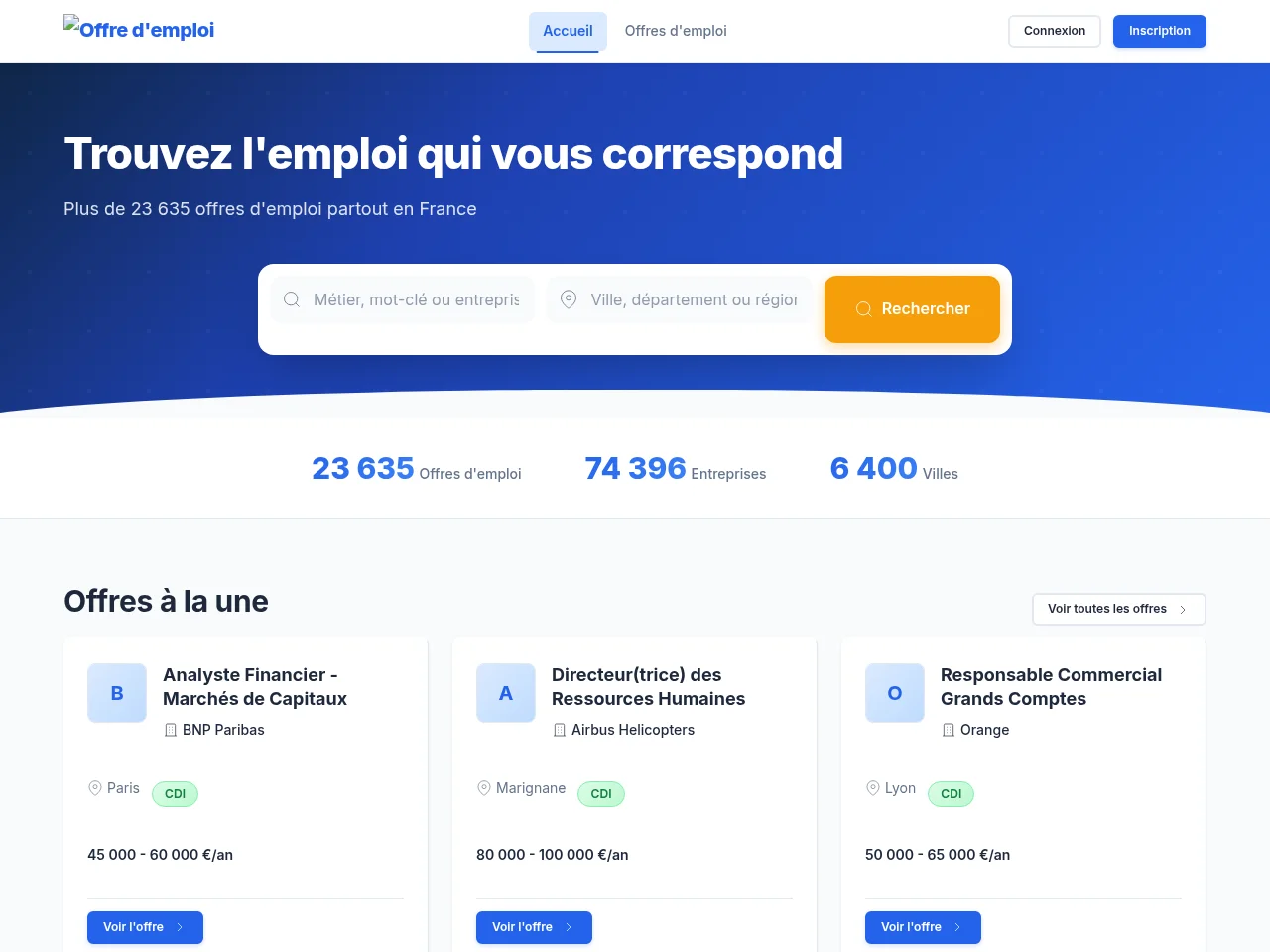 Offre d'emploi job board platform screenshot showing job search interface