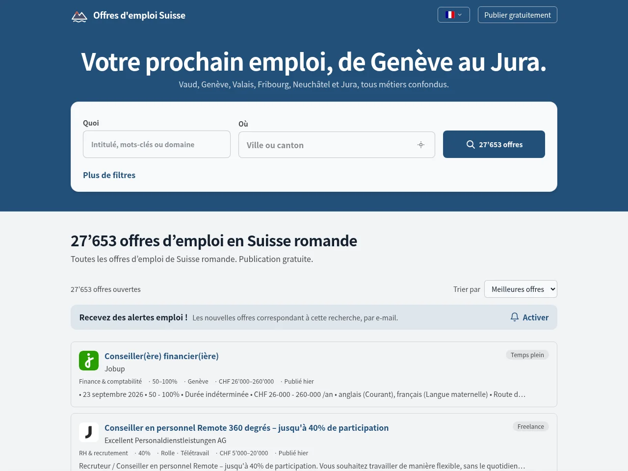 Offres d'emploi Suisse job board platform screenshot showing job search interface