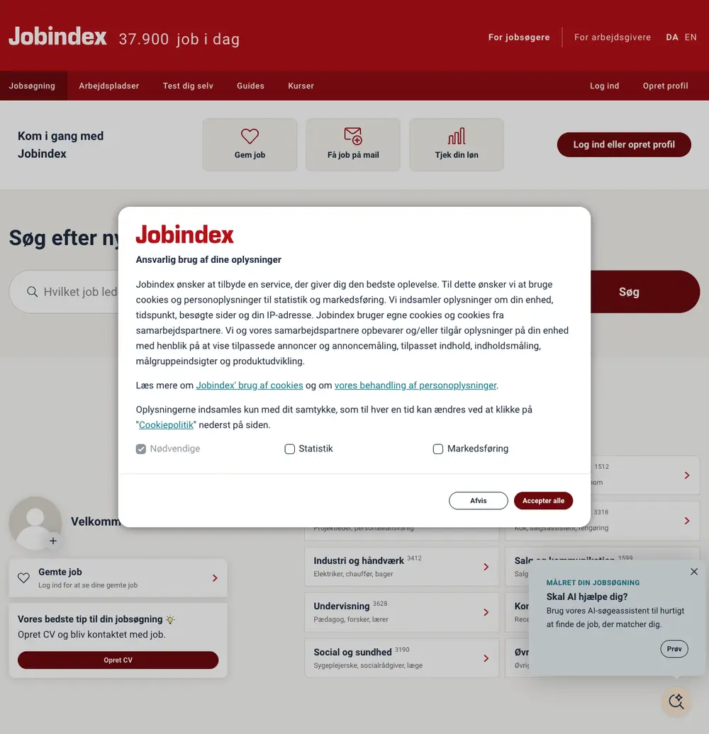 Jobindex job board platform screenshot showing job search interface