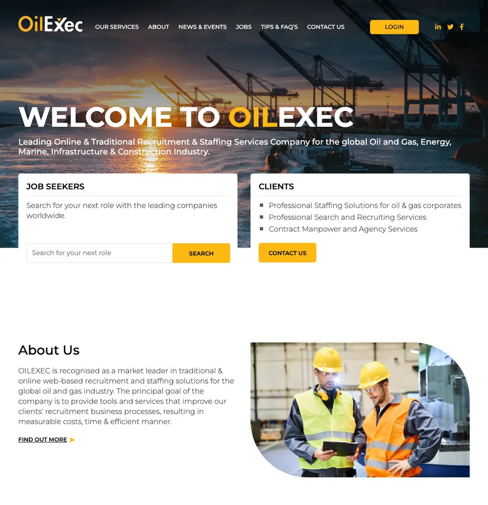 Oilexec job board platform screenshot showing job search interface