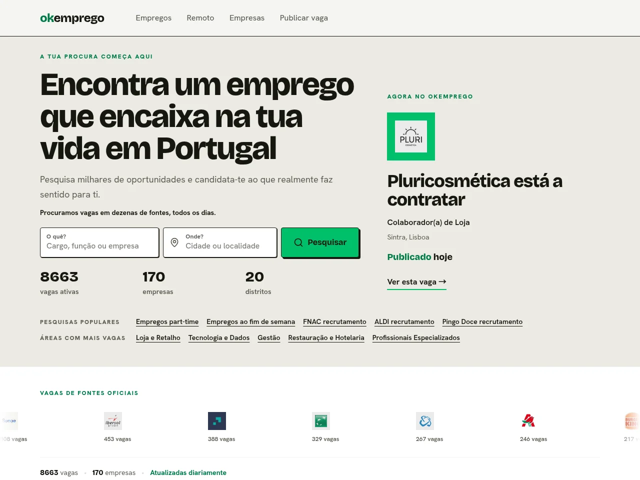 okemprego job board platform screenshot showing job search interface